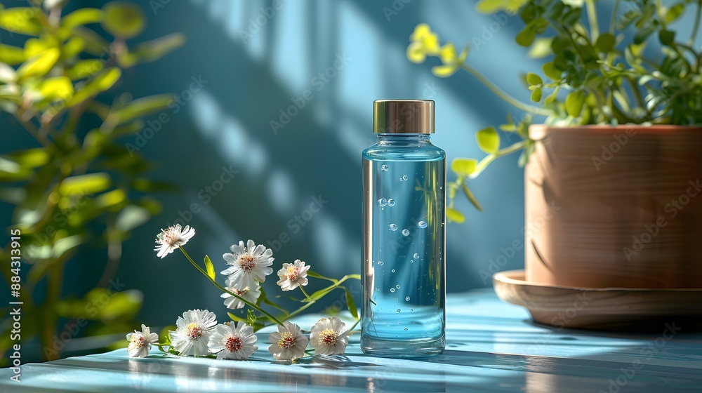 A glass bottle of blue liquid with bubbles sits on a blue table next to white flowers, with a green plant and pot in the background A glass bottle of blue liquid with bubbles sits on a blue table next to white flowers, with a green plant and pot in the background