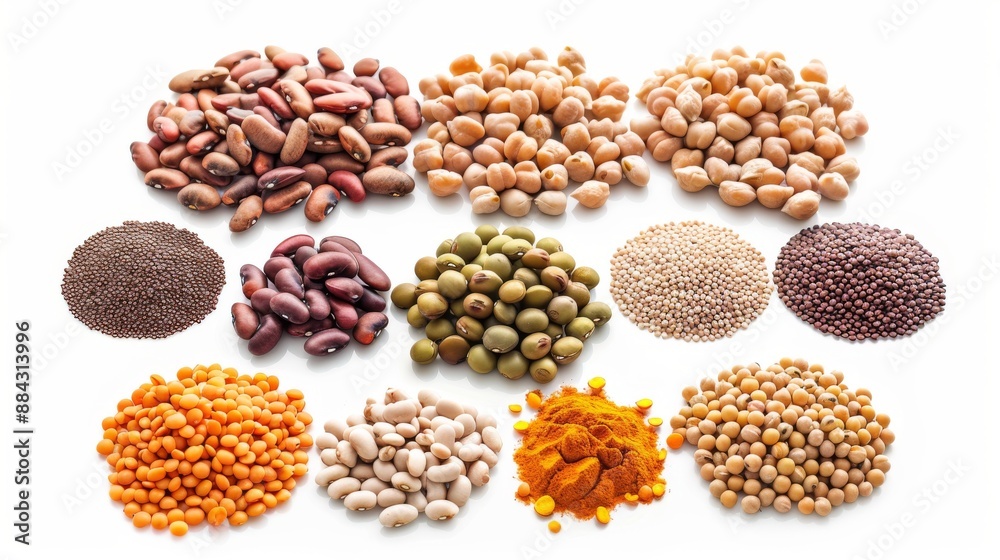 Collection of various dried kidney beans, soybeans, lentils, and chickpeas arranged in piles on a white background Collection of various dried kidney beans, soybeans, lentils, and chickpeas arranged in piles on a white background