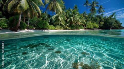 Crystal clear waters surround a lush tropical island with palm trees swaying in the breeze