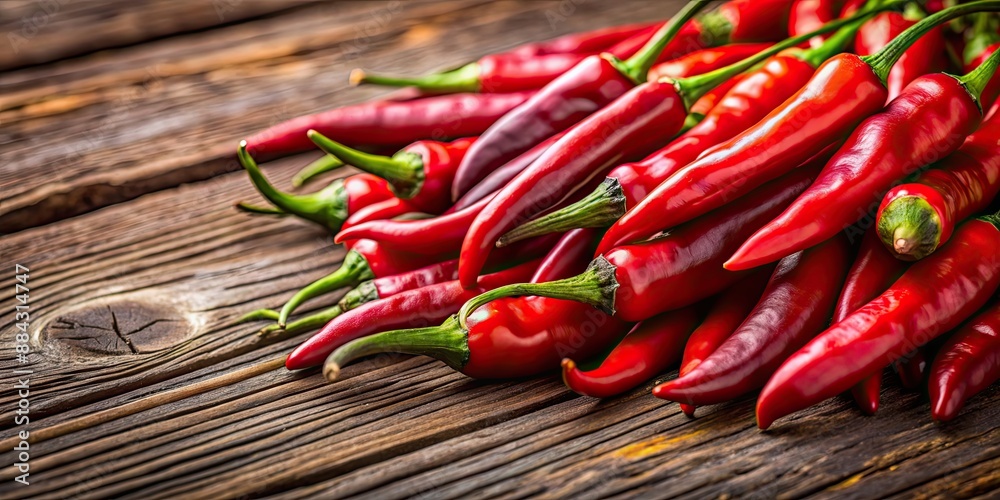 Vibrant close-up of red hot chili peppers on a rustic wooden table, spicy, food, ingredients, cooking, vibrant, red, chili Vibrant close-up of red hot chili peppers on a rustic wooden table, spicy, food, ingredients, cooking, vibrant, red, chili