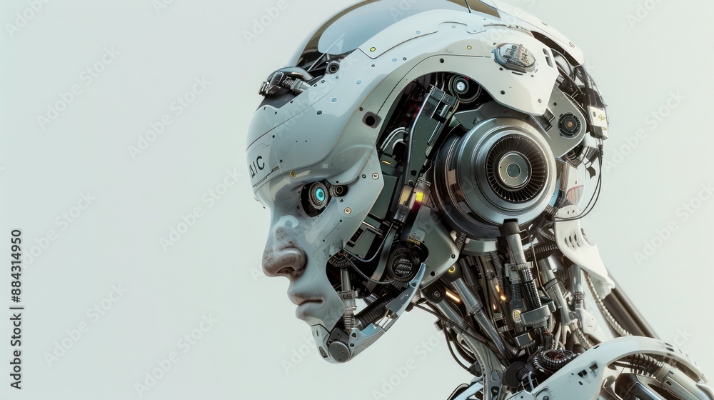 A detailed depiction of a futuristic robotic head showcasing advanced mechanical structures, gears, and wiring, representing the advancements in technology. A detailed depiction of a futuristic robotic head showcasing advanced mechanical structures, gears, and wiring, representing the advancements in technology.