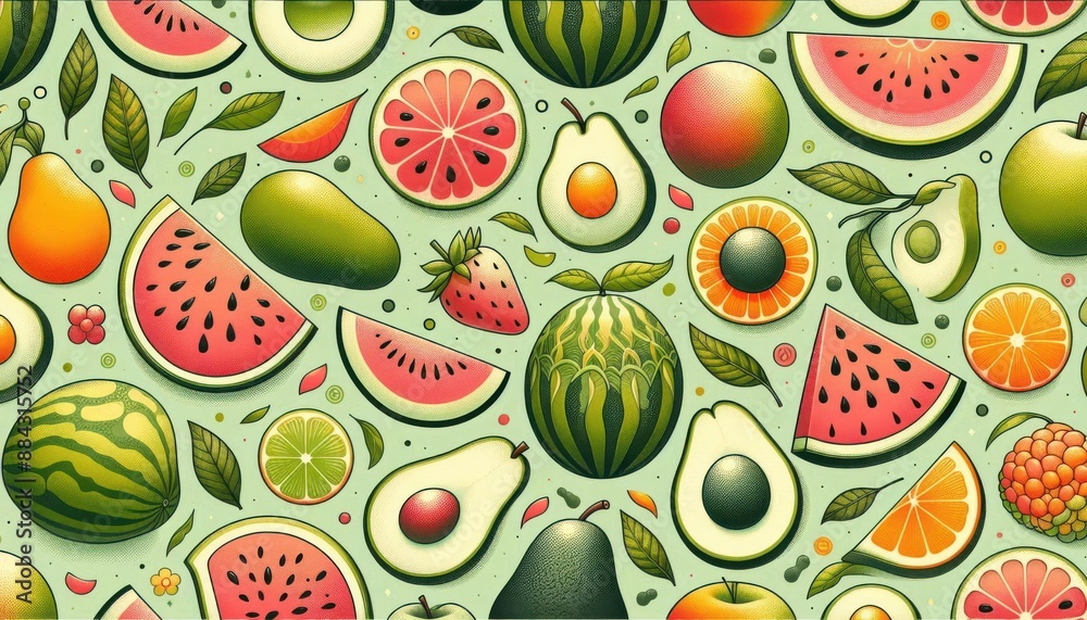 A seamless pattern with a mix of different fruits, including watermelon, avocado, grapefruit, orange, pear, apple, and leaves. A seamless pattern with a mix of different fruits, including watermelon, avocado, grapefruit, orange, pear, apple, and leaves.