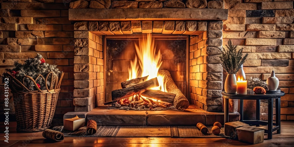 Cozy fireplace with a crackling fire , warmth, flames, home, winter, relaxation, cozy, heat, burning, cozy atmosphere, comfort