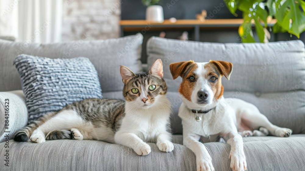 Playful dog and cat pair in front of a welcoming sofa in a modern home Playful dog and cat pair in front of a welcoming sofa in a modern home