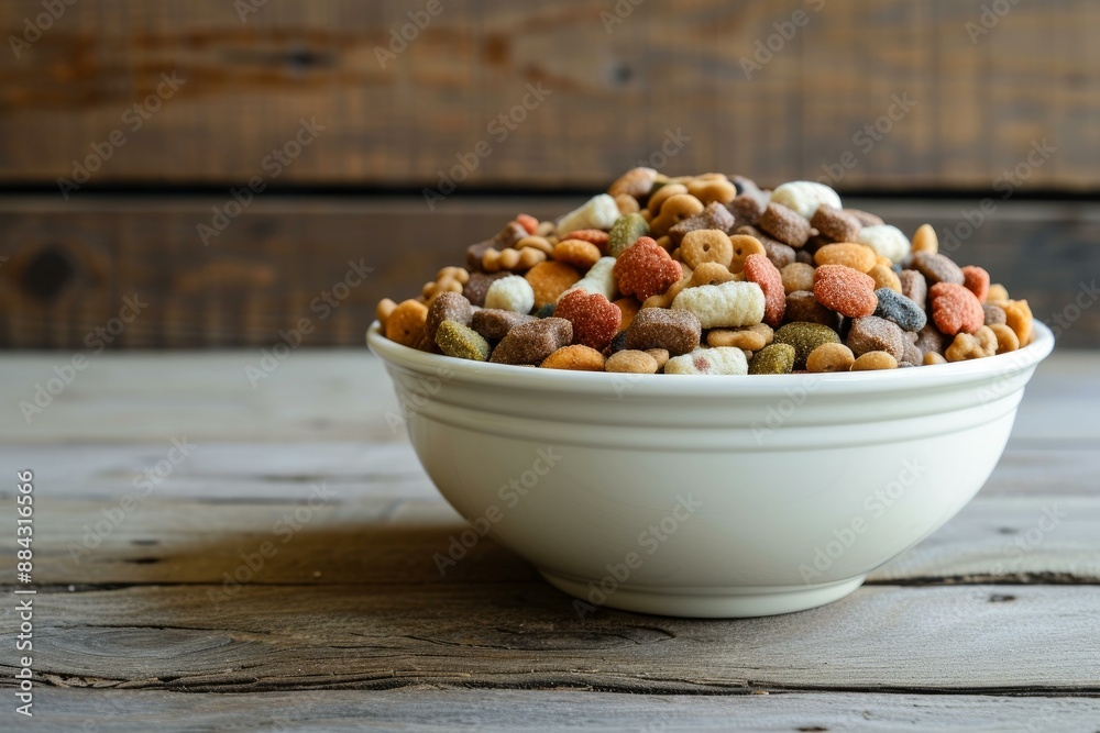 Bowl filled with colorful dry dog kibble on a rustic wooden surface Bowl filled with colorful dry dog kibble on a rustic wooden surface