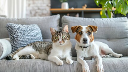 Playful dog and cat pair in front of a welcoming sofa in a modern home