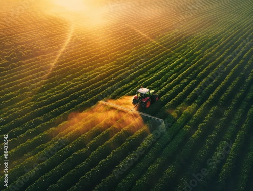 aerial view of precision agriculture gpsguided tractor spraying crops at golden hour geometric patterns of lush fields misty atmosphere futuristic farming tech photo