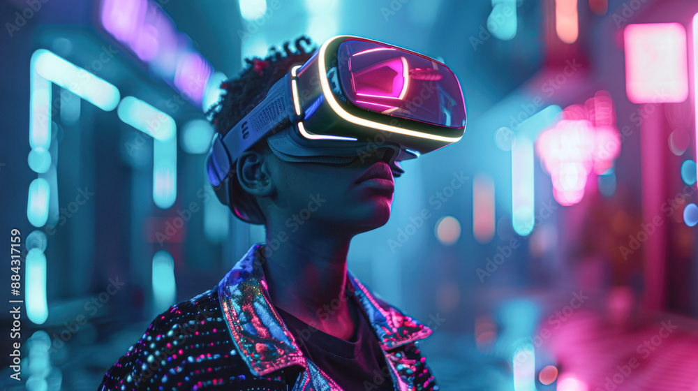 A woman wearing a VR headset is standing in a neon city street A woman wearing a VR headset is standing in a neon city street