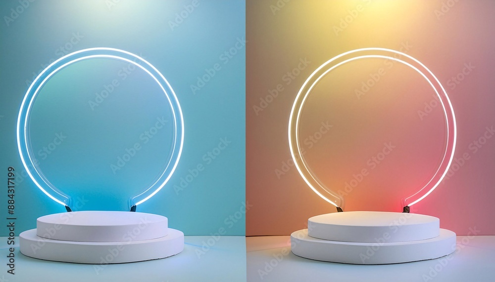 Set of pink, orange, yellow and white 3d podium in arch window. Studio room with geometric platform. Minimal wall scene for products showcase. Set of pink, orange, yellow and white 3d podium in arch window. Studio room with geometric platform. Minimal wall scene for products showcase.