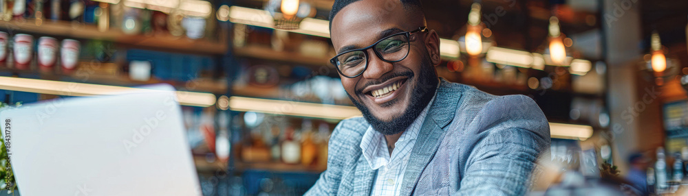 Smiling businessman handling online payments on a laptop, showcasing digital finance Smiling businessman handling online payments on a laptop, showcasing digital finance