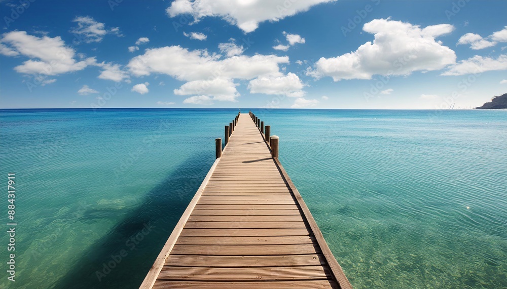 Stunning Wooden Pier Extending into Crystal Clear Turquoise Ocean Under a Bright Blue Sky with White Clouds Stunning Wooden Pier Extending into Crystal Clear Turquoise Ocean Under a Bright Blue Sky with White Clouds