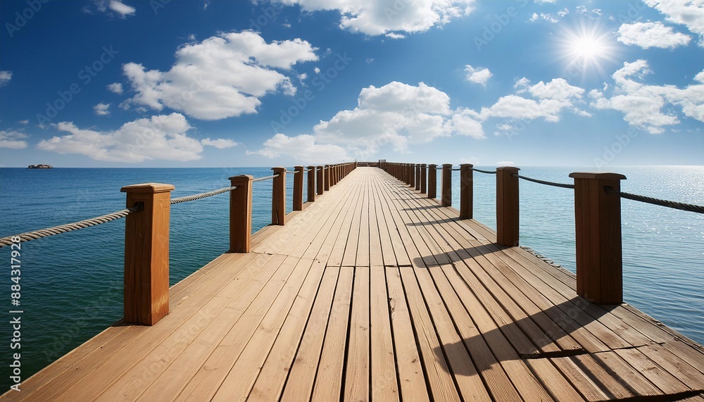 Peaceful beach scene with a wooden pier extending towards calm turquoise ocean waters under a clear blue sky. Peaceful beach scene with a wooden pier extending towards calm turquoise ocean waters under a clear blue sky.