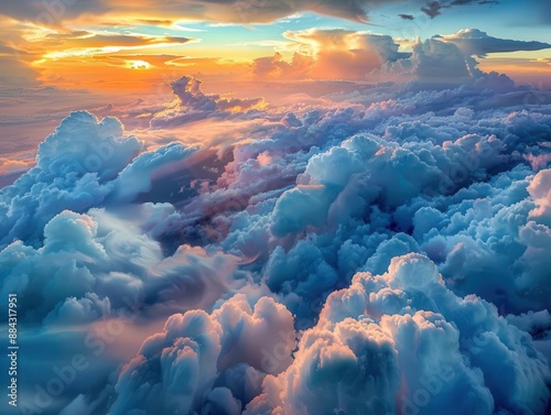 breathtaking birdseye view of a sunsetkissed cloudscape featuring layers of fluffy clouds in shades of blue pink and gold stretching to the horizon photo