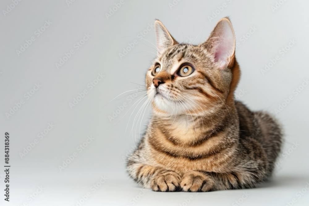 Inquisitive Tabby Cat Gazing Upward with Intense Curiosity on a Plain Background Inquisitive Tabby Cat Gazing Upward with Intense Curiosity on a Plain Background