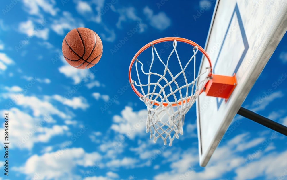 A basketball in mid-air near a hoop against a clear blue sky, capturing the essence of outdoor sports and active lifestyle. A basketball in mid-air near a hoop against a clear blue sky, capturing the essence of outdoor sports and active lifestyle.
