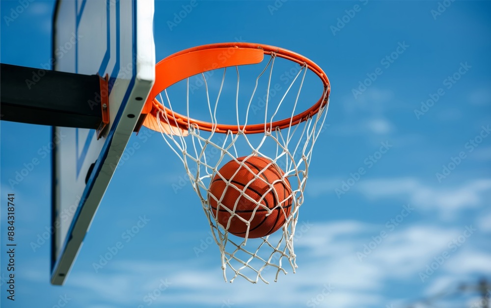 A basketball in mid-air near a hoop against a clear blue sky, capturing the essence of outdoor sports and active lifestyle. A basketball in mid-air near a hoop against a clear blue sky, capturing the essence of outdoor sports and active lifestyle.
