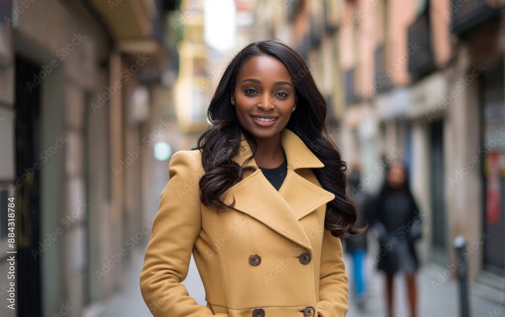 A smiling woman walking down a city street, representing urban lifestyle and confidence, perfect for themes of city life, fashion, and modern living. A smiling woman walking down a city street, representing urban lifestyle and confidence, perfect for themes of city life, fashion, and modern living.