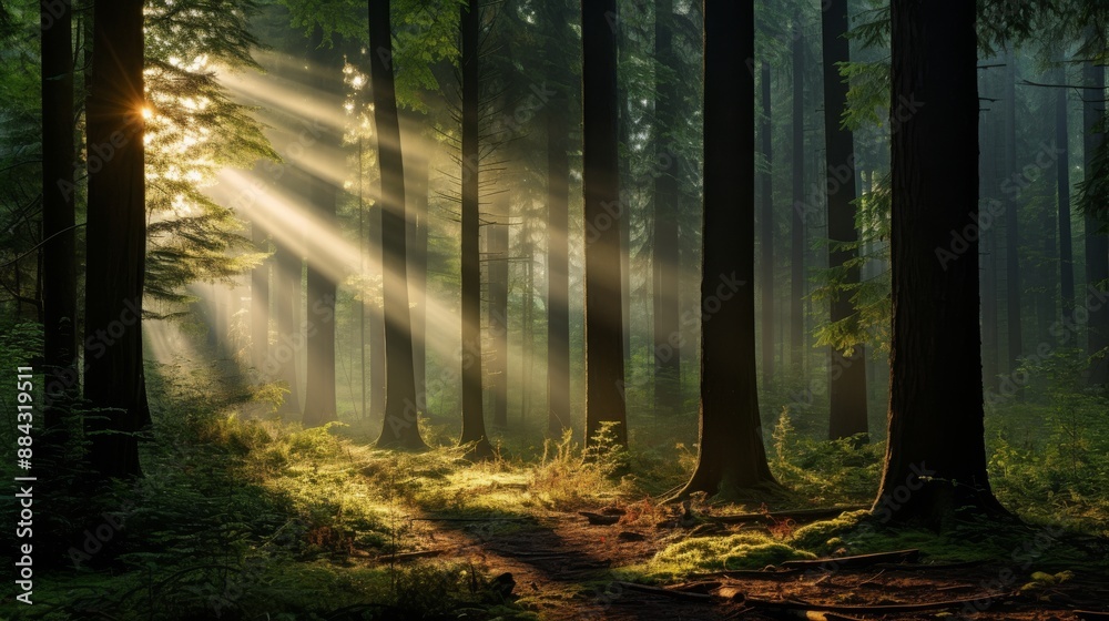 Naklejka premium Sunlight streaming through dense forest trees with mist in the air