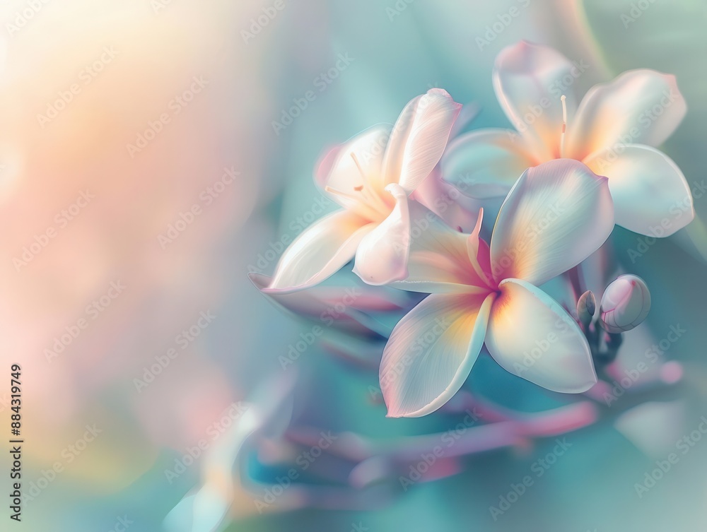 delicate frangipani flowers in soft focus dreamy romantic composition with pastel hues creates serene tropical ambiance perfect for spa or wellness themes