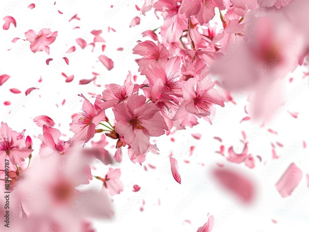 delicate pink cherry blossom petals swirling in wind white background spring awakening graceful motion delicate pink cherry blossom petals swirling in wind white background spring awakening graceful motion