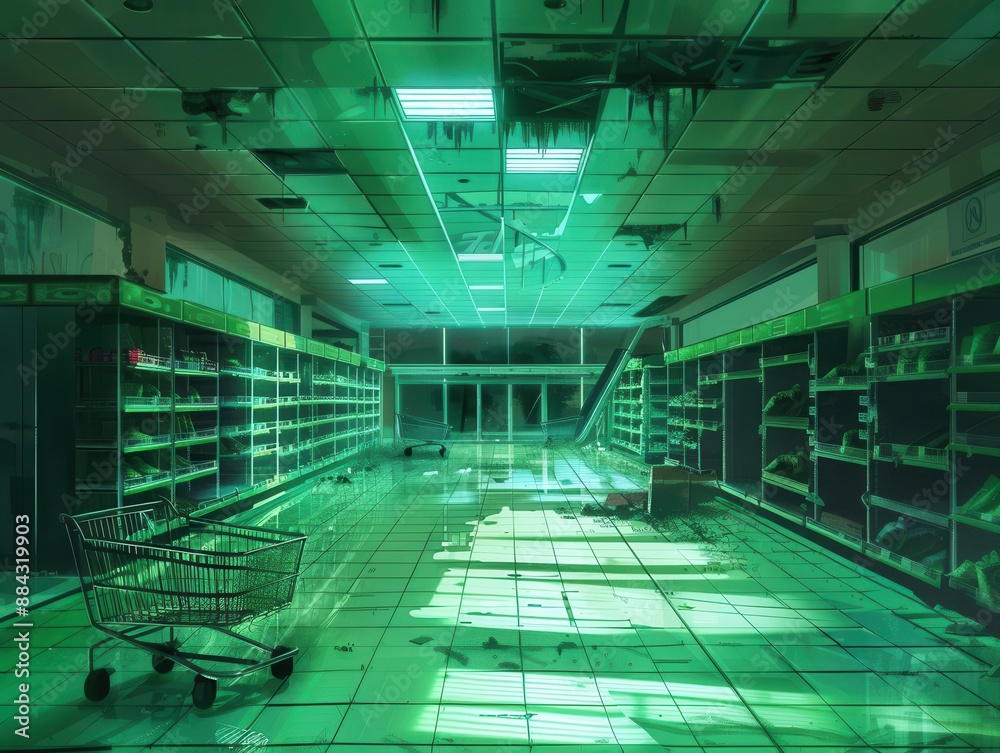 desolate supermarket aisle bathed in eerie green light empty shelves ...