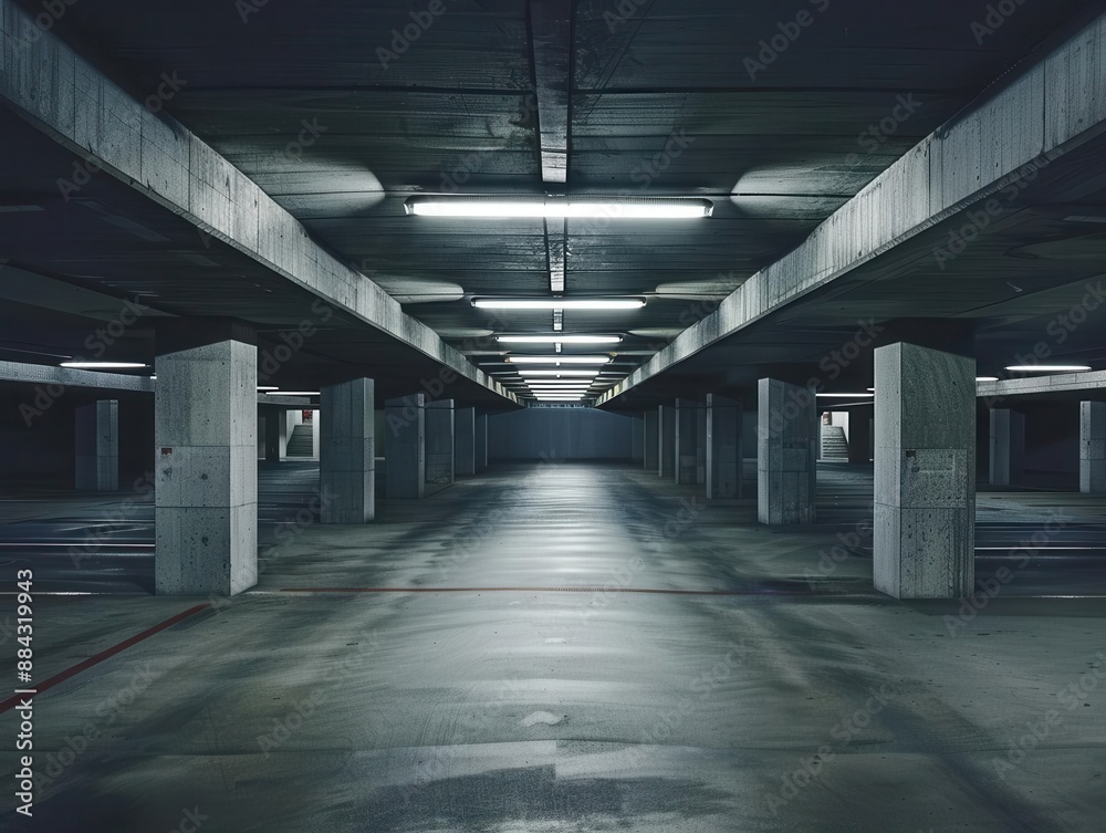 dimly lit concrete parking garage empty spaces stretching into shadows cool gray tones stark geometric lines urban solitude ambient lighting dimly lit concrete parking garage empty spaces stretching into shadows cool gray tones stark geometric lines urban solitude ambient lighting