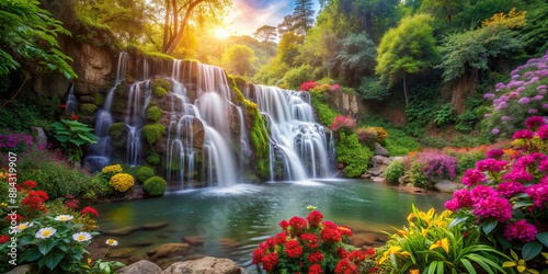 A picturesque waterfall nestled in a lush forest surrounded by colorful flowers and greenery, waterfall, forest, flowers