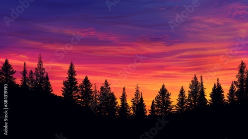 The beauty of a mountain sunset with the sky ablaze in a spectrum of colors and the silhouette of pine trees in the foreground © venusvi