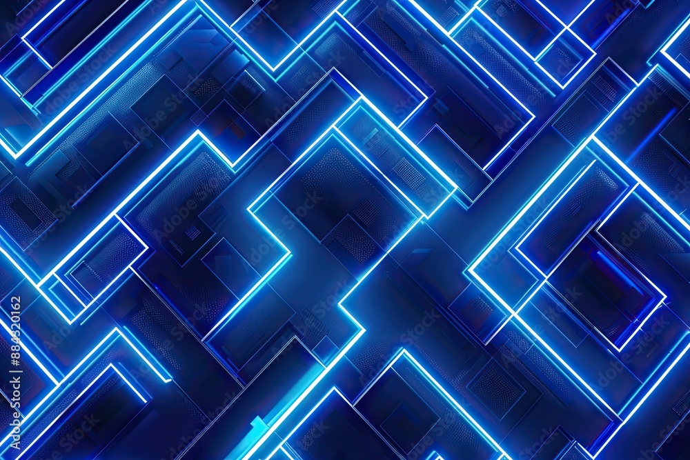 Fototapeta premium Blue Glowing Neon Rectangles form a Futuristic Circuit Board
