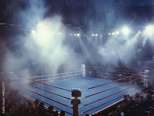 dramatic boxing ring closeup spotlights pierce smoky air anticipation builds as crowd roars in background photo