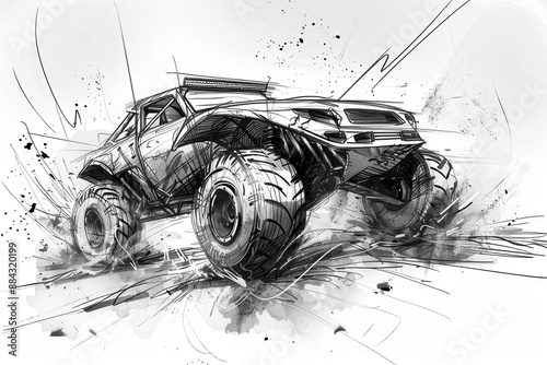Off-Road Prowess: Dynamic Sketch of a Rugged RC Car (Black & White)