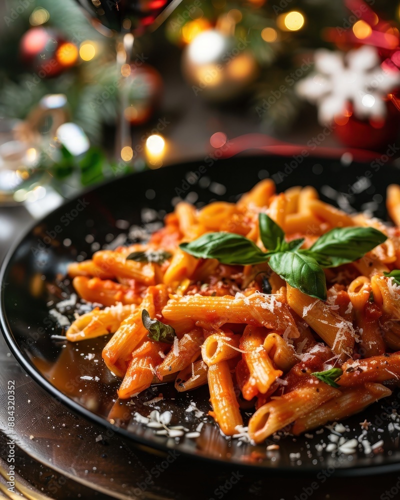 Delicious penne pasta topped with fresh basil and Parmesan cheese on a festive, decorated table with wine and Christmas ornaments.