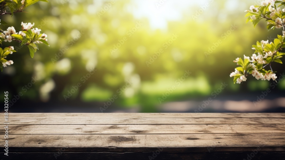 Weathered wooden table with a defocused garden background, bright and fresh atmosphere Weathered wooden table with a defocused garden background, bright and fresh atmosphere
