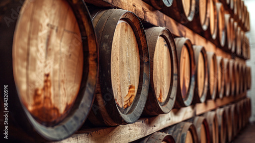 Winemaking. Barrels of wine close-up. Aging wine in oak barrels photo