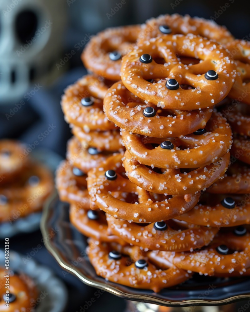 Salted pretzels cookies with eyes on blurred background for Halloween on blurred background. fun party food idea. sweet snacks. Salted pretzels cookies with eyes on blurred background for Halloween on blurred background. fun party food idea. sweet snacks.