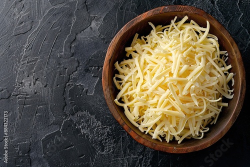 Grated hard cheese in a wooden bowl on a dark stone background