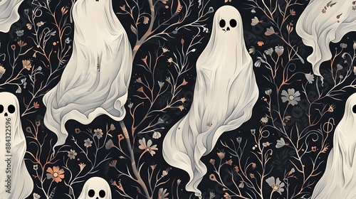 Ethereal and Enchanting Ghostly Apparitions Amid Intricate Art Nouveau Floral Motifs in a Muted Vintage Palette