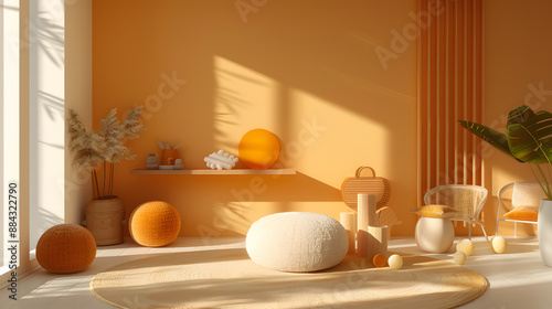 A colorful room with a couch and pillows