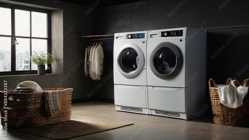 modern laundry room with two washing machines, there are some white clothes and t-shirts modern laundry room with two washing machines, there are some white clothes and t-shirts