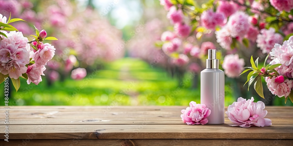 Air freshener on table in front of cherry and peony garden , air freshener, table, cherry, peony, garden, floral Air freshener on table in front of cherry and peony garden , air freshener, table, cherry, peony, garden, floral