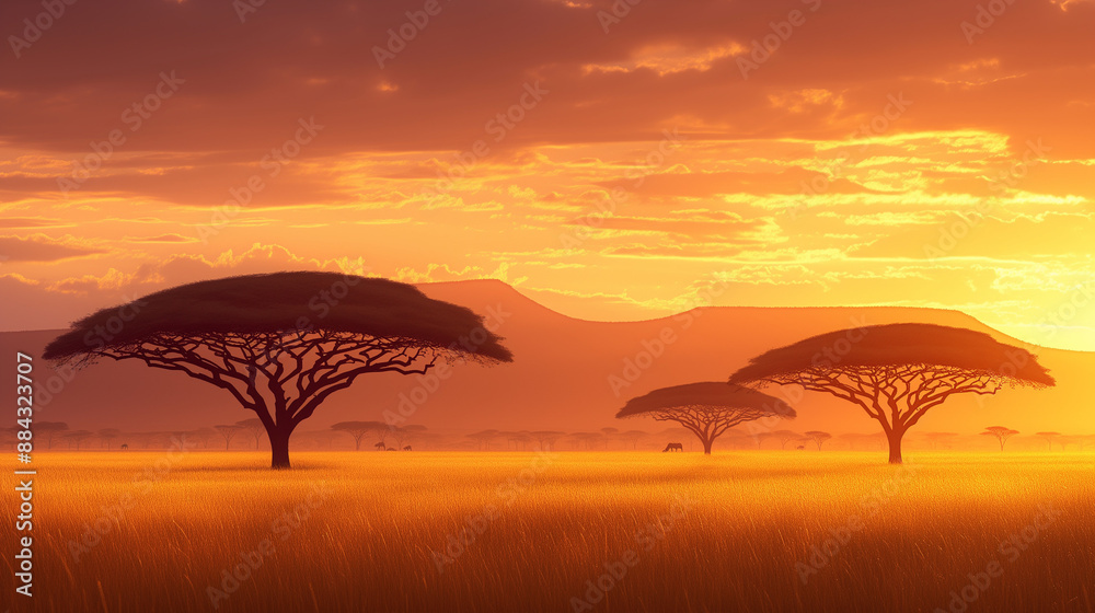 Obraz premium stunning african savannah at dusk with acacia trees standing tall against a vibrant sky and golden grasses swaying in the breeze