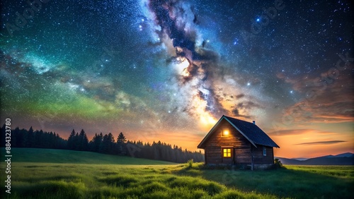 tiny cottage nestled in lush meadow under breathtakingly clear milky way night sky, stars twinkling like diamonds., night sky, milky way, stars, cottage photo