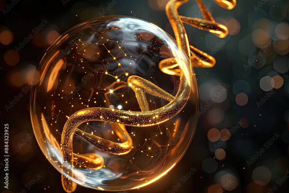 Golden double helix of life inside a crystal sphere with glowing particles Golden double helix of life inside a crystal sphere with glowing particles