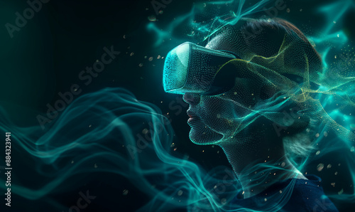 User wearing VR glass with digital blue and green abstract wave and dot dark background