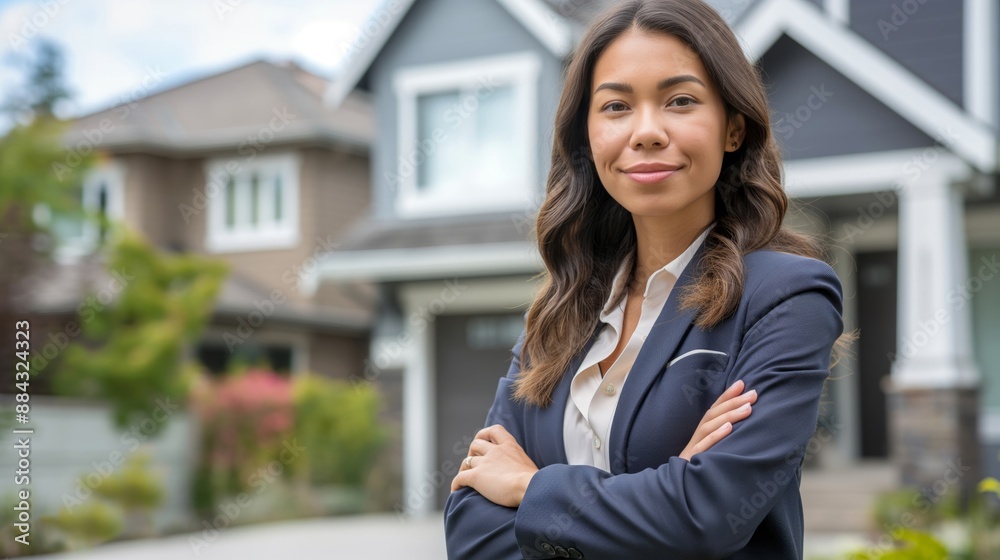 A smiling businesswoman standing in a residential street, embodying professional success and confidence, perfect for themes of career, business, and lifestyle. A smiling businesswoman standing in a residential street, embodying professional success and confidence, perfect for themes of career, business, and lifestyle.