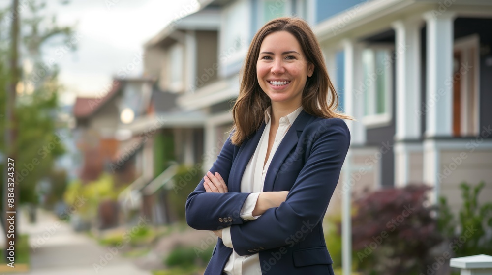A smiling businesswoman standing in a residential street, embodying professional success and confidence, perfect for themes of career, business, and lifestyle. A smiling businesswoman standing in a residential street, embodying professional success and confidence, perfect for themes of career, business, and lifestyle.