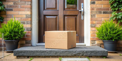 Online shopping delivery service concept. Cardboard parcel box delivered to the front door. Package near front door photo