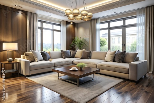 Elegant modern living room with sectional sofa, neutral color palette, elegant living room, sectional sofa, minimalist furniture
