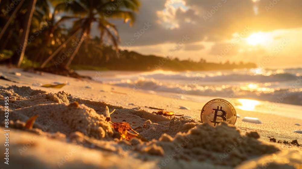 Obraz premium Bitcoin in beach sand at sunset