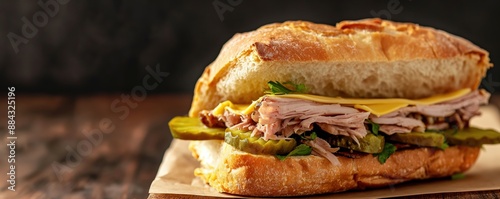 Authentic Cuban sandwich being prepared with roasted pork and pickles photo